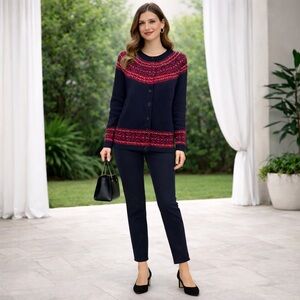 Talbots Blue Navy Red Button Front Long Sleeve Lambswool Knit Cardigan Sweater X